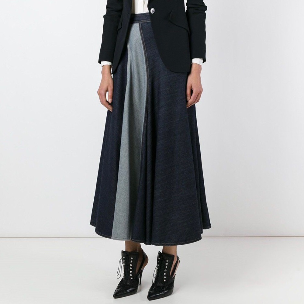 Lanvin Two Tone Curved Full Flare Denim Midi Skirt - Picture 3 of 10